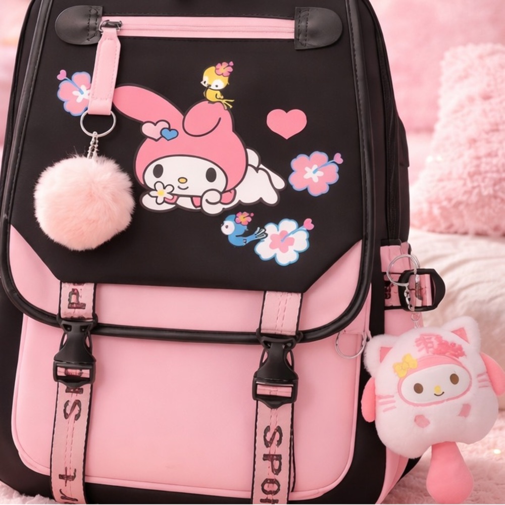 My Melody Backpack USB Charge Laptop Backpack Rucksack Travel Bag w Plush Charms - Picture 15 of 17